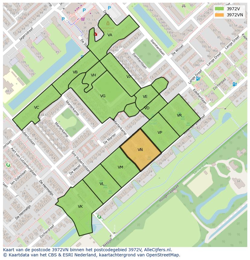 Afbeelding van het postcodegebied 3972 VN op de kaart.