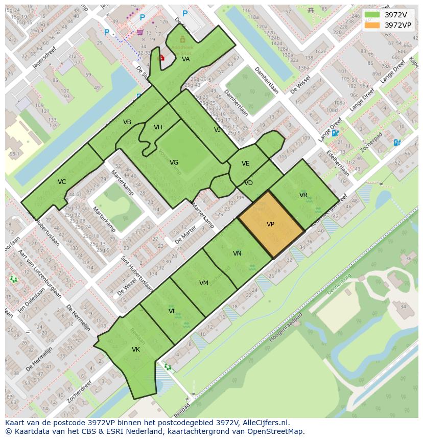 Afbeelding van het postcodegebied 3972 VP op de kaart.