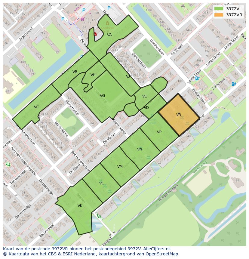 Afbeelding van het postcodegebied 3972 VR op de kaart.