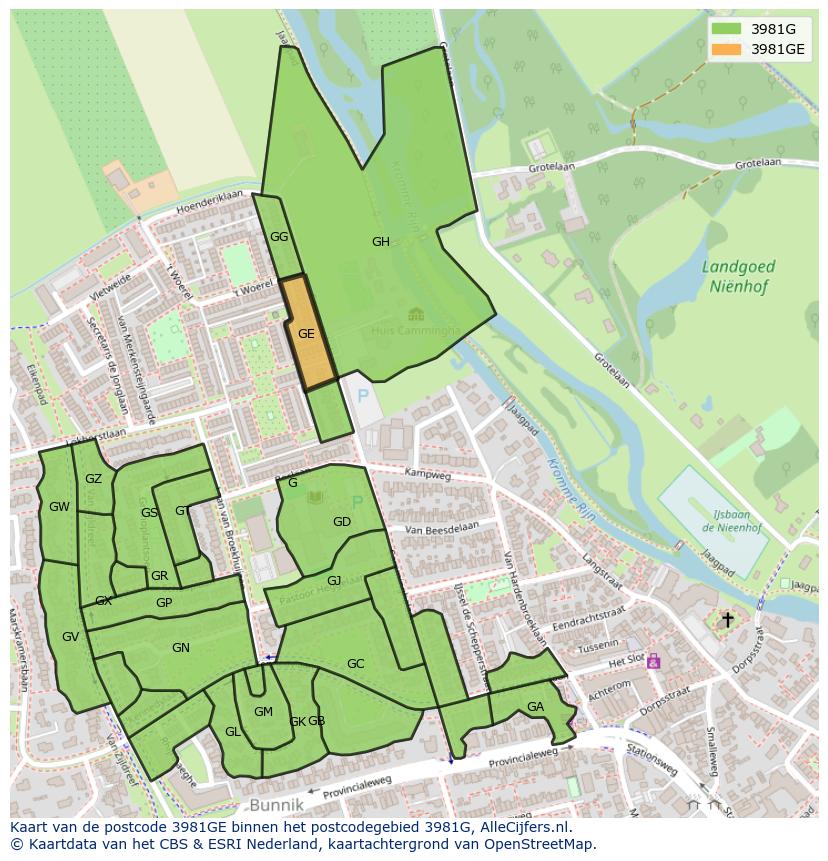 Afbeelding van het postcodegebied 3981 GE op de kaart.