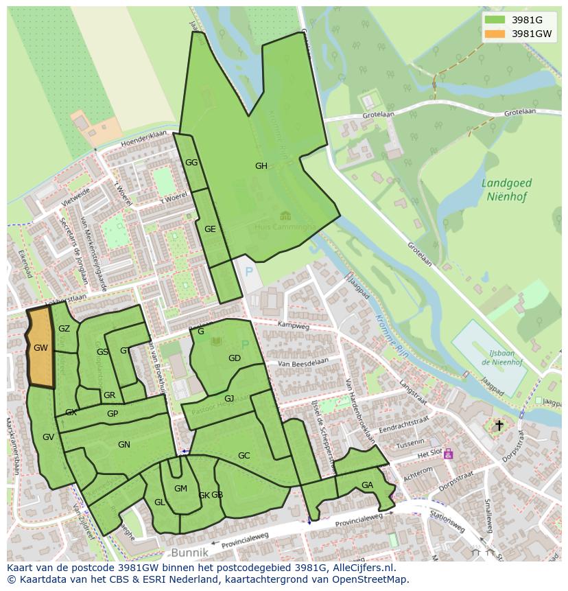 Afbeelding van het postcodegebied 3981 GW op de kaart.