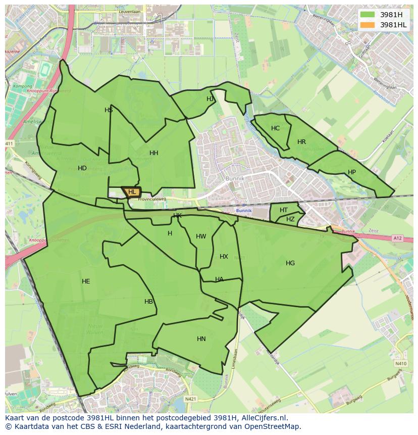 Afbeelding van het postcodegebied 3981 HL op de kaart.