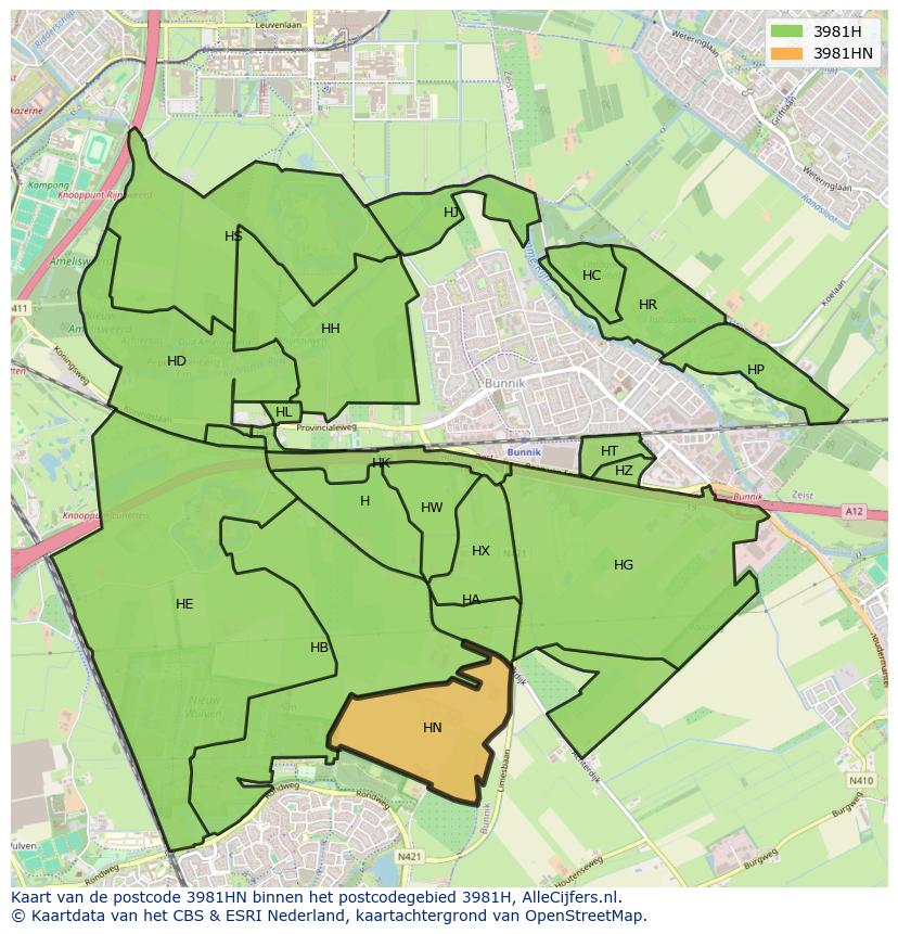 Afbeelding van het postcodegebied 3981 HN op de kaart.