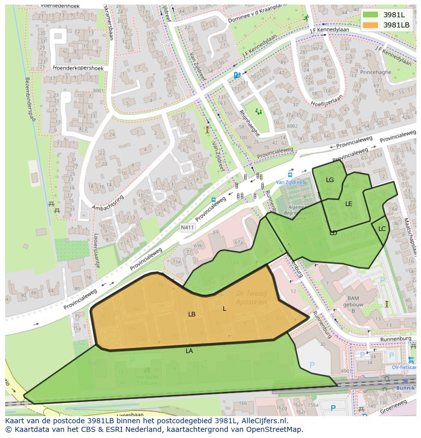 Afbeelding van het postcodegebied 3981 LB op de kaart.