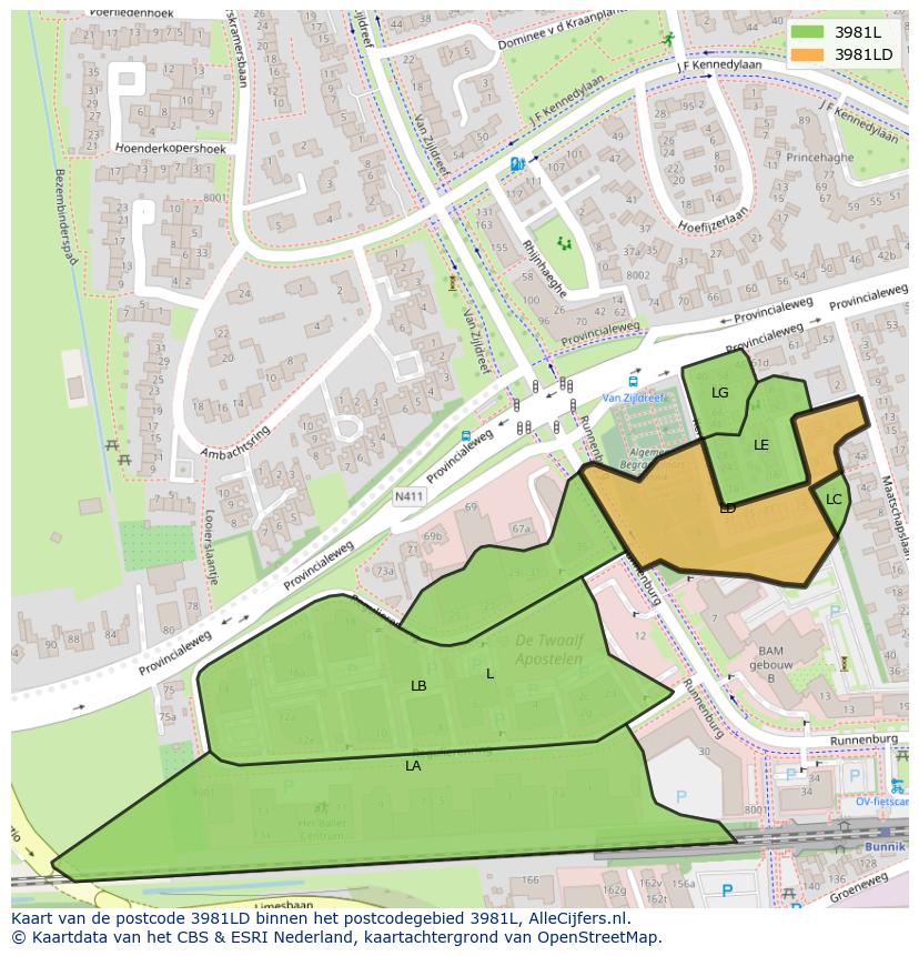 Afbeelding van het postcodegebied 3981 LD op de kaart.