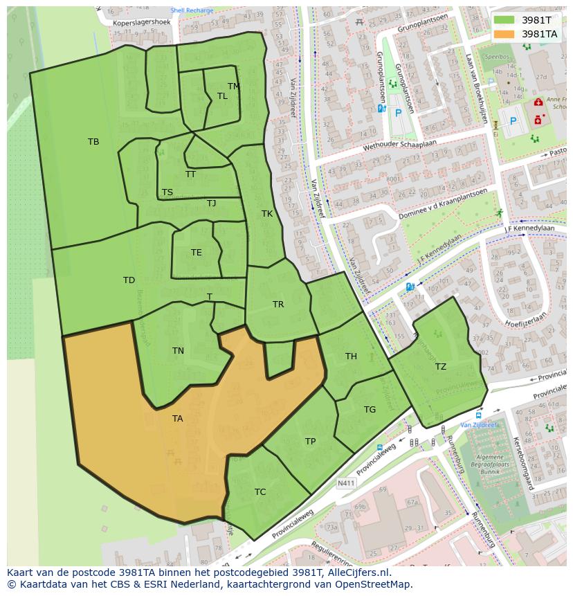 Afbeelding van het postcodegebied 3981 TA op de kaart.