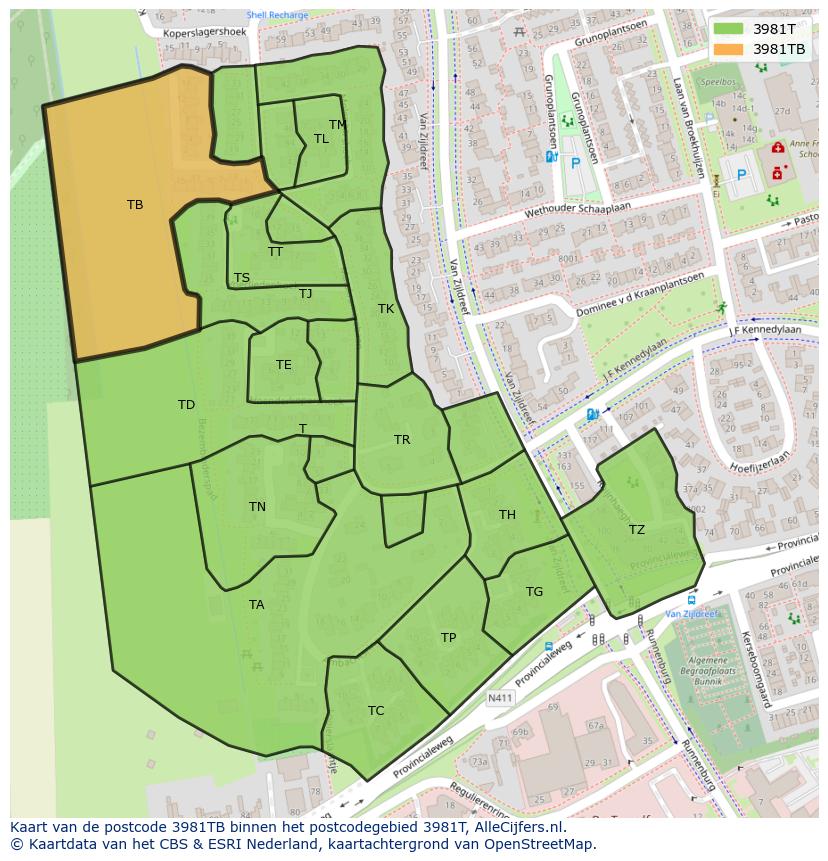 Afbeelding van het postcodegebied 3981 TB op de kaart.