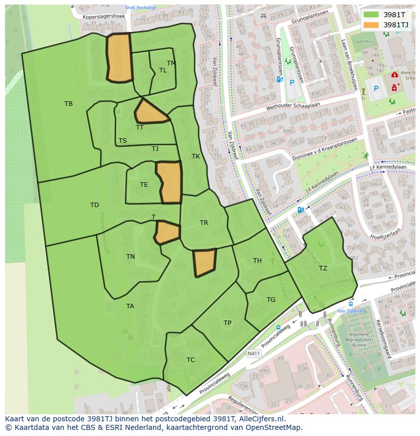 Afbeelding van het postcodegebied 3981 TJ op de kaart.