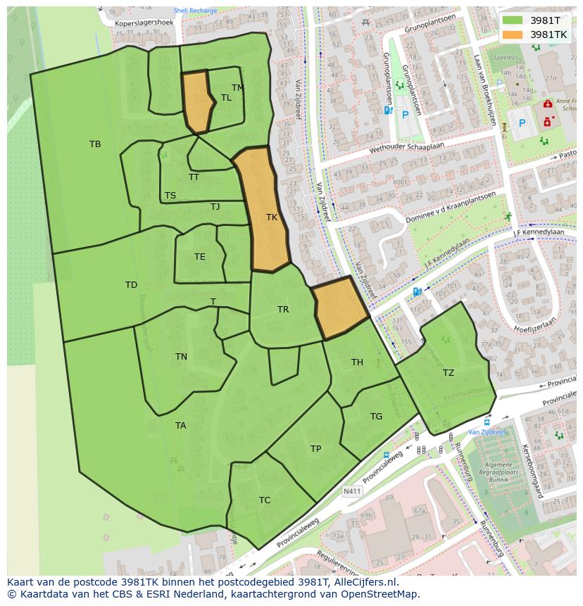 Afbeelding van het postcodegebied 3981 TK op de kaart.