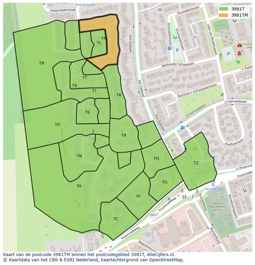 Afbeelding van het postcodegebied 3981 TM op de kaart.