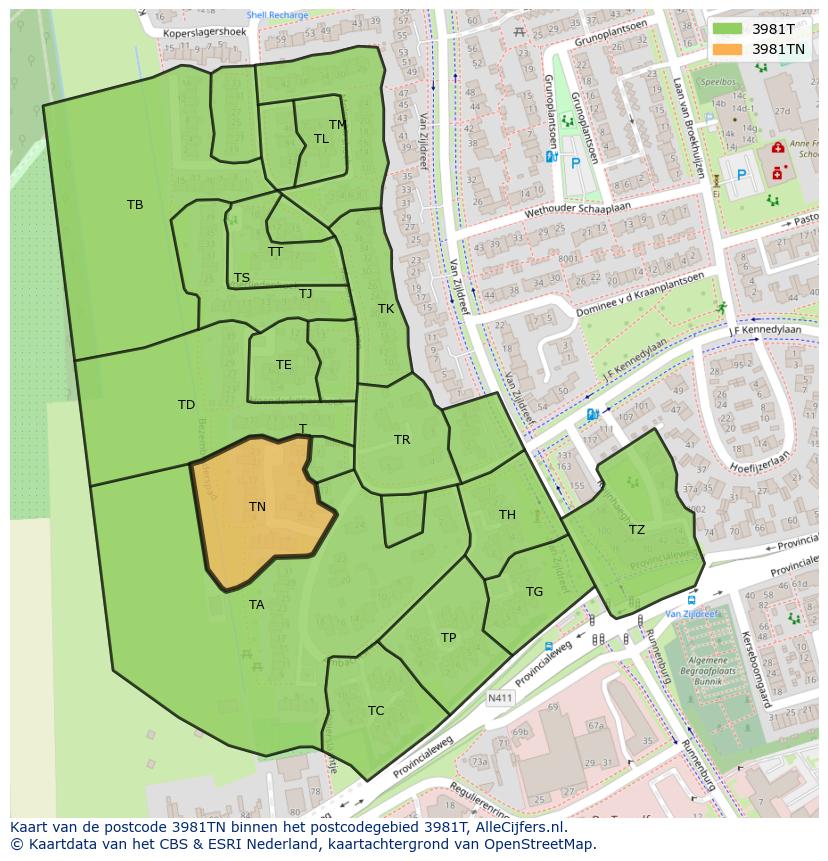 Afbeelding van het postcodegebied 3981 TN op de kaart.