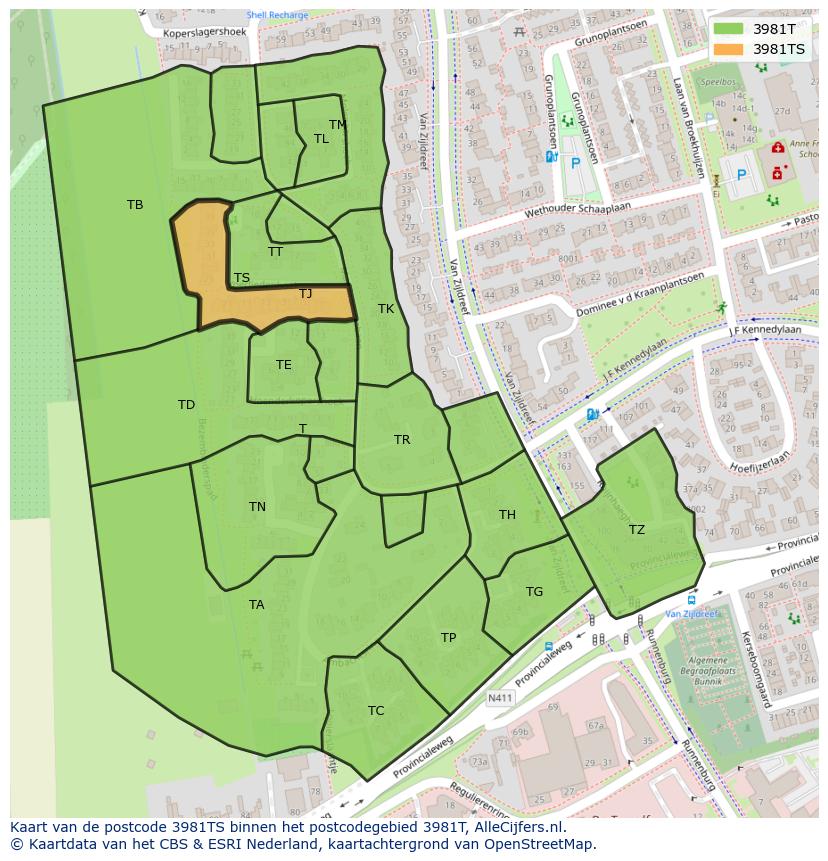 Afbeelding van het postcodegebied 3981 TS op de kaart.