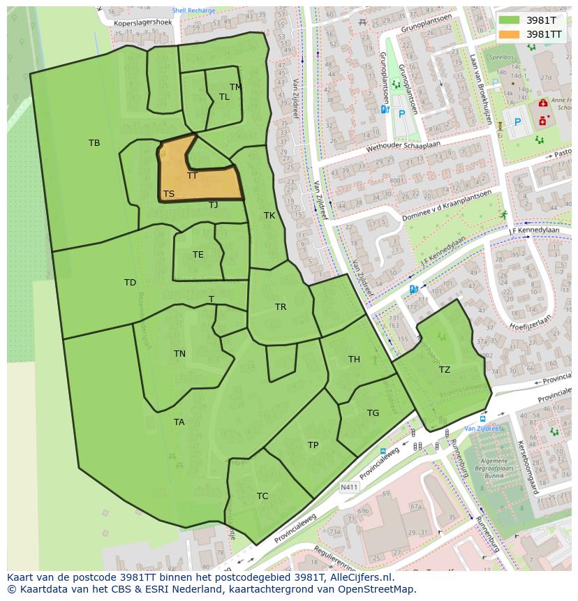 Afbeelding van het postcodegebied 3981 TT op de kaart.
