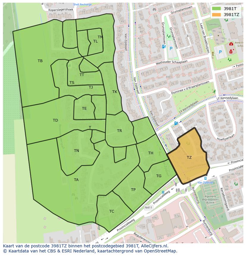 Afbeelding van het postcodegebied 3981 TZ op de kaart.