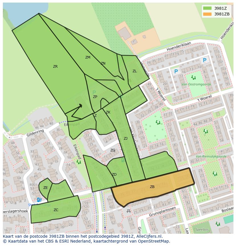 Afbeelding van het postcodegebied 3981 ZB op de kaart.