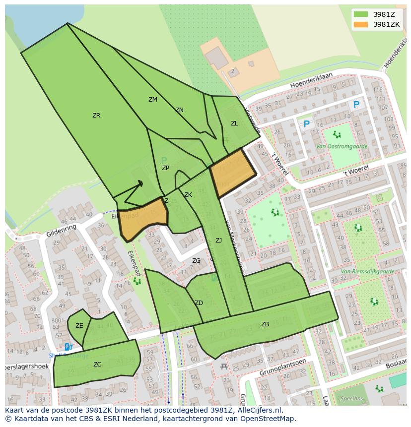 Afbeelding van het postcodegebied 3981 ZK op de kaart.