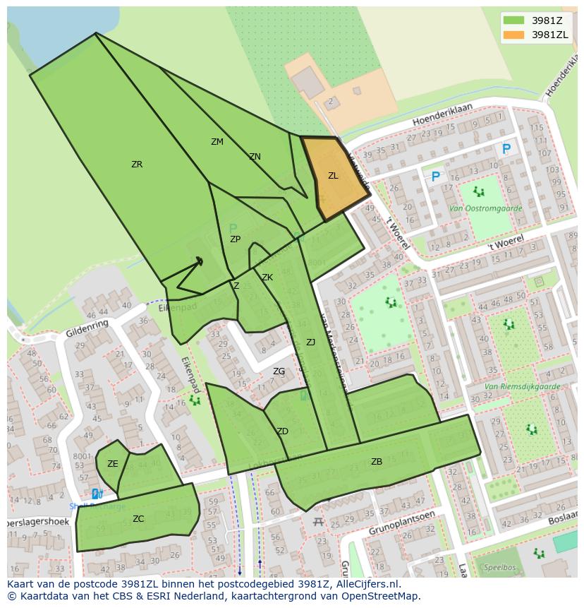 Afbeelding van het postcodegebied 3981 ZL op de kaart.