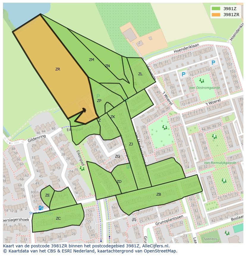 Afbeelding van het postcodegebied 3981 ZR op de kaart.