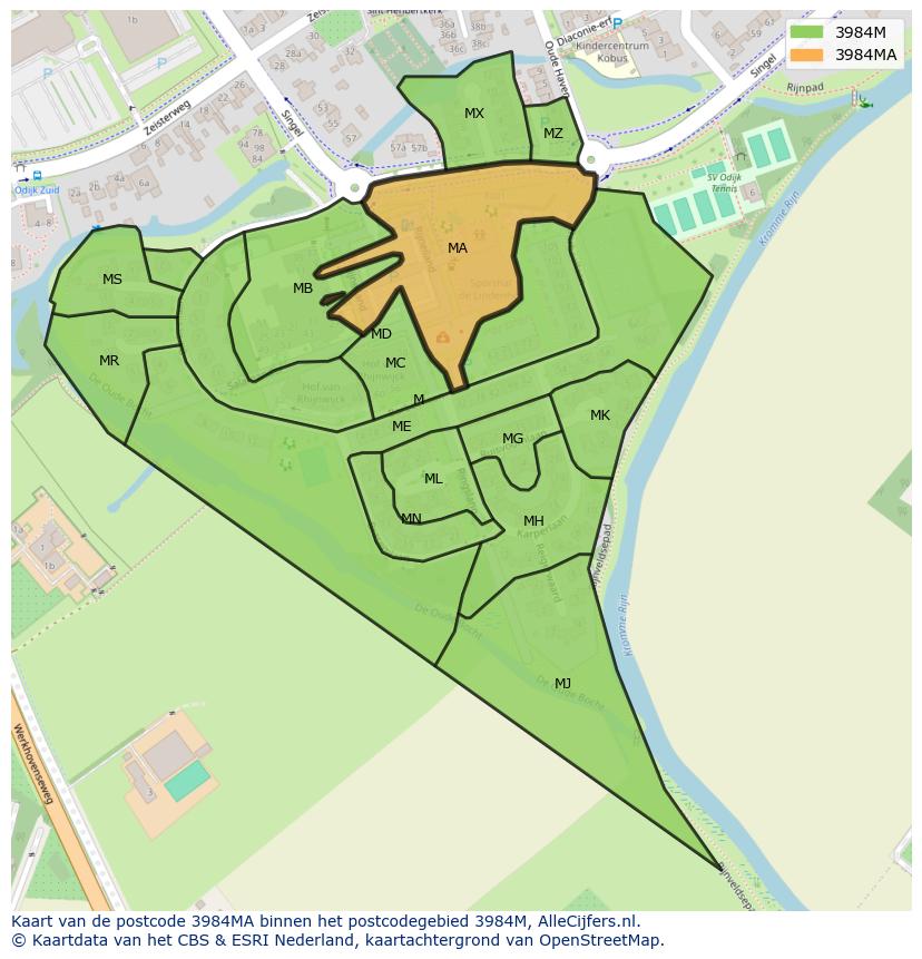 Afbeelding van het postcodegebied 3984 MA op de kaart.