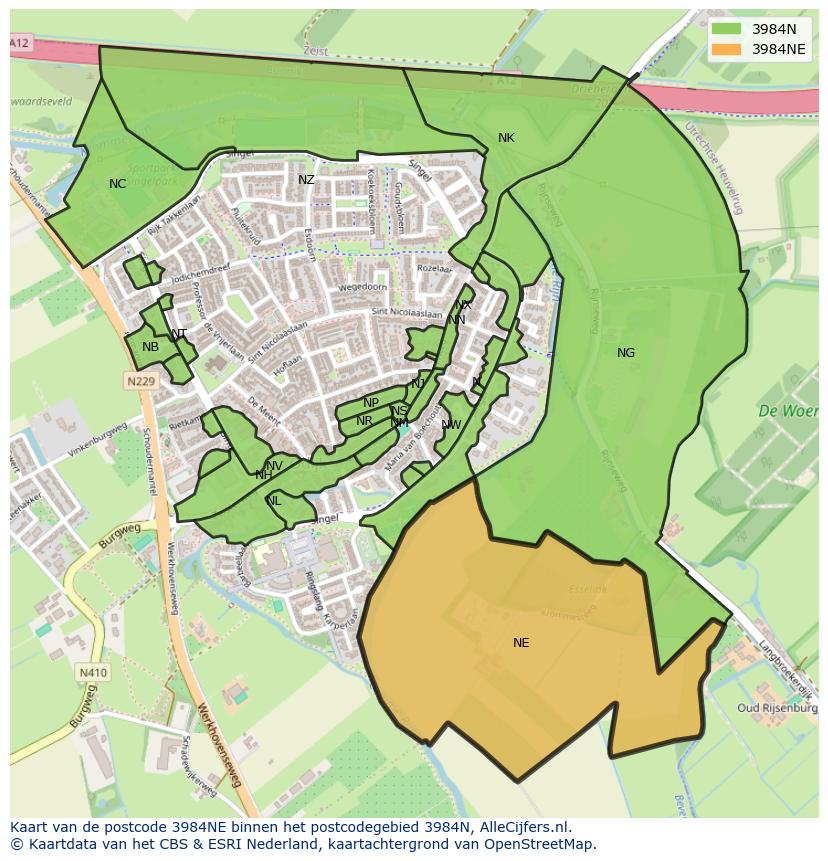 Afbeelding van het postcodegebied 3984 NE op de kaart.