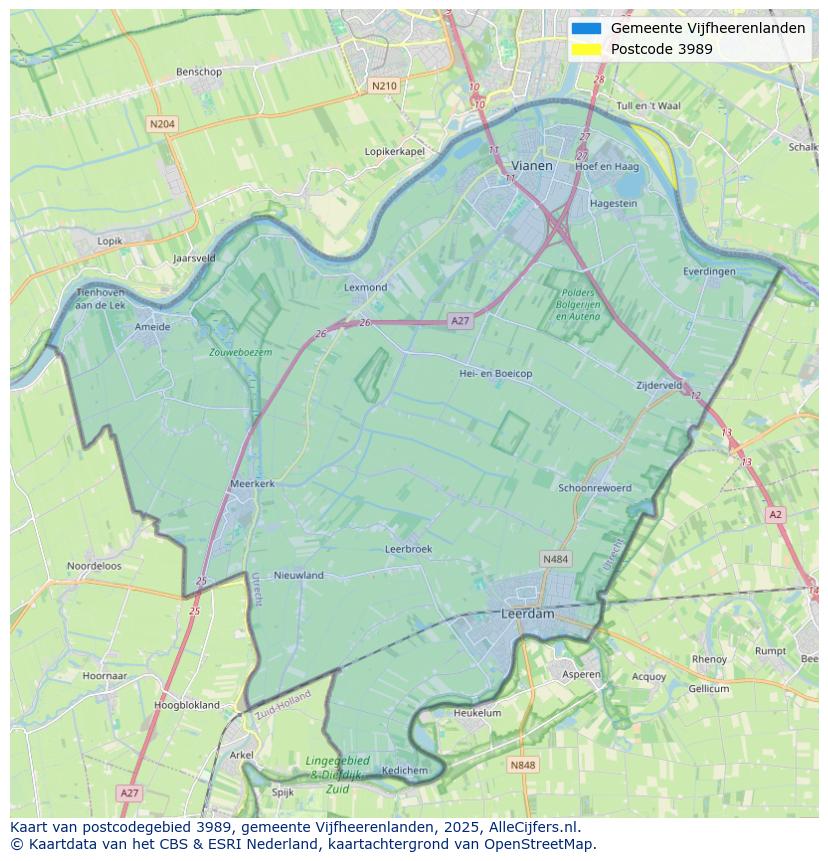 Afbeelding van het postcodegebied 3989 op de kaart.