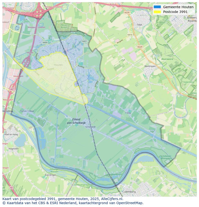 Afbeelding van het postcodegebied 3991 op de kaart.