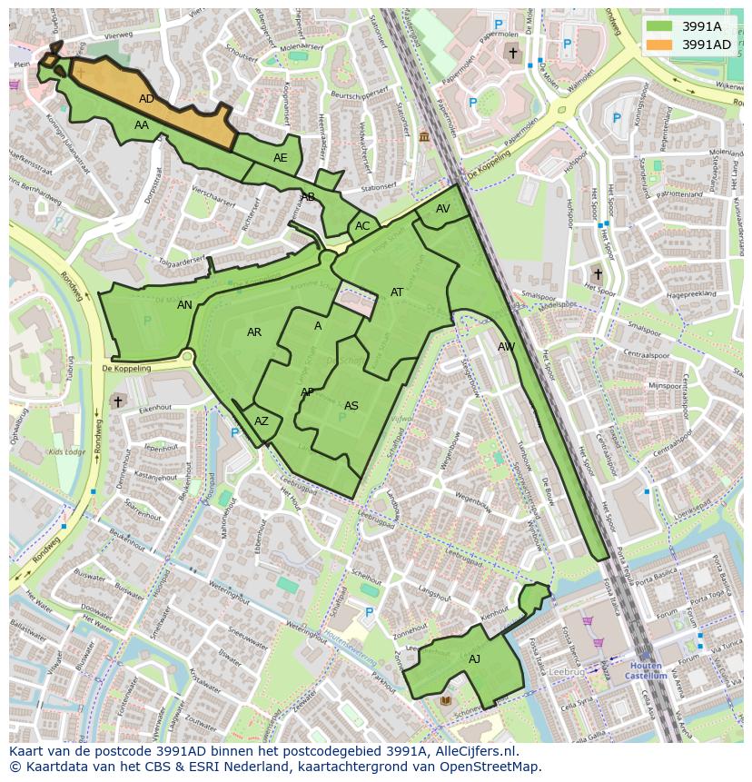 Afbeelding van het postcodegebied 3991 AD op de kaart.