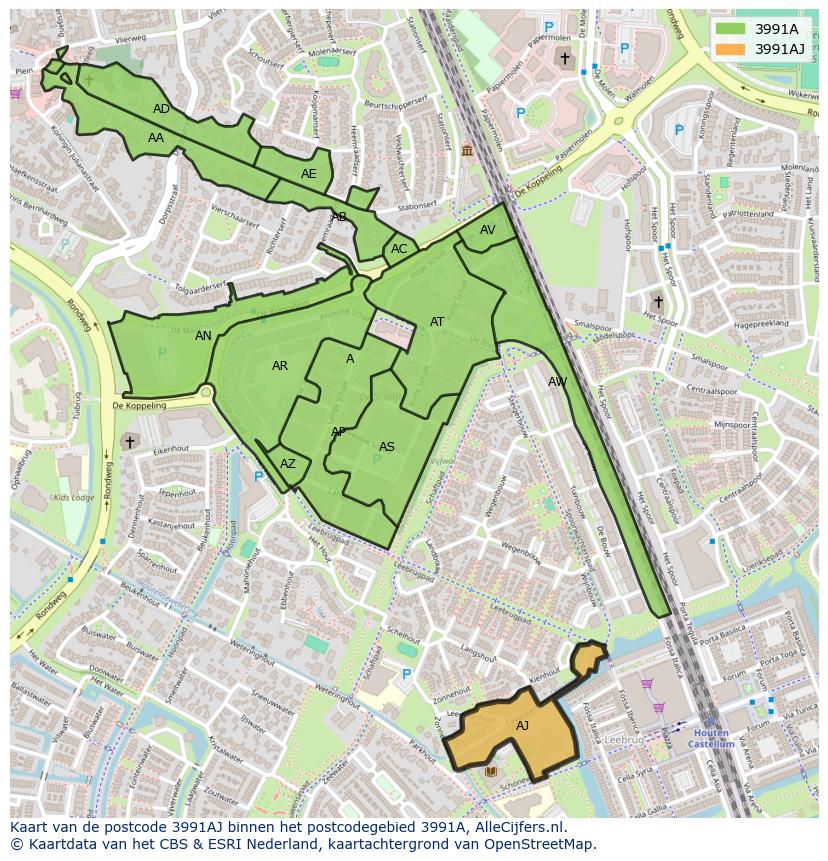 Afbeelding van het postcodegebied 3991 AJ op de kaart.