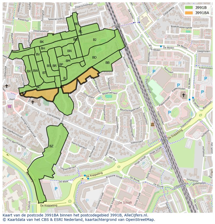 Afbeelding van het postcodegebied 3991 BA op de kaart.