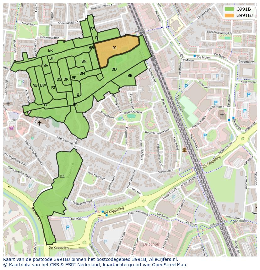 Afbeelding van het postcodegebied 3991 BJ op de kaart.