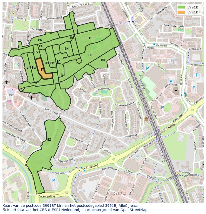 Afbeelding van het postcodegebied 3991 BT op de kaart.