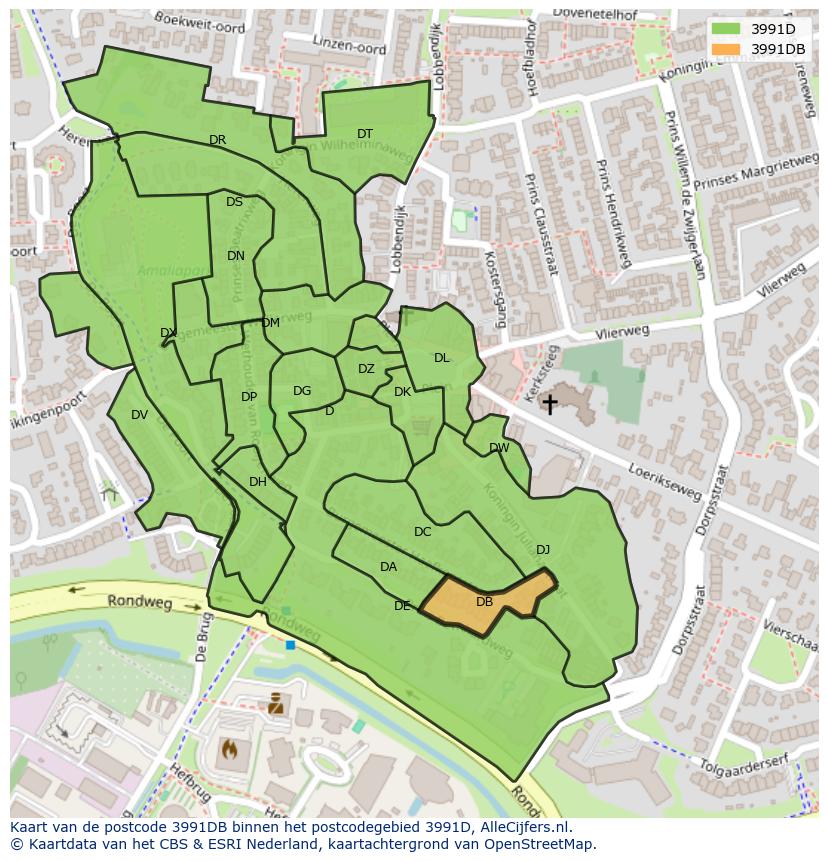 Afbeelding van het postcodegebied 3991 DB op de kaart.