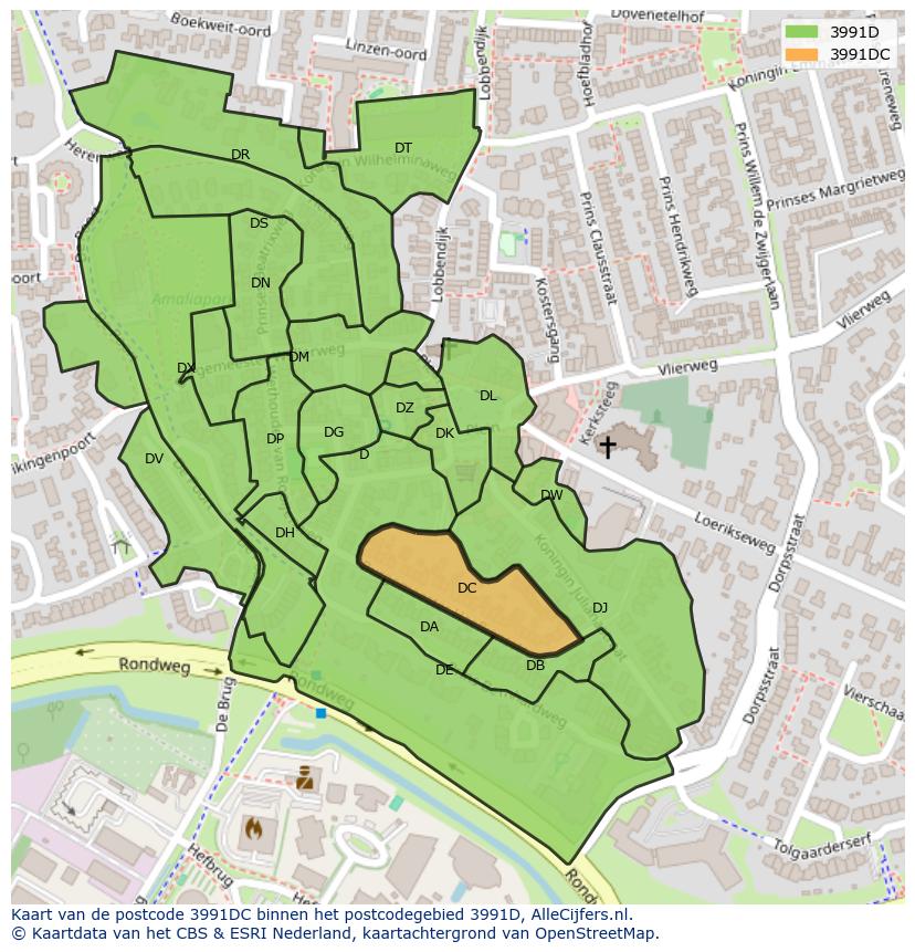 Afbeelding van het postcodegebied 3991 DC op de kaart.