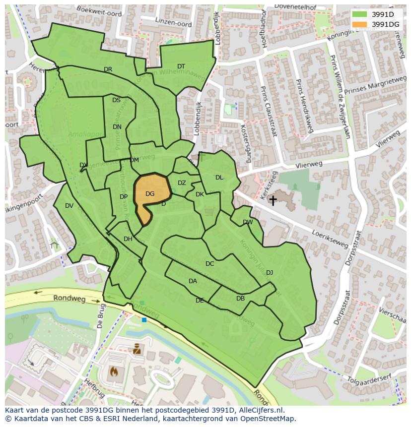 Afbeelding van het postcodegebied 3991 DG op de kaart.