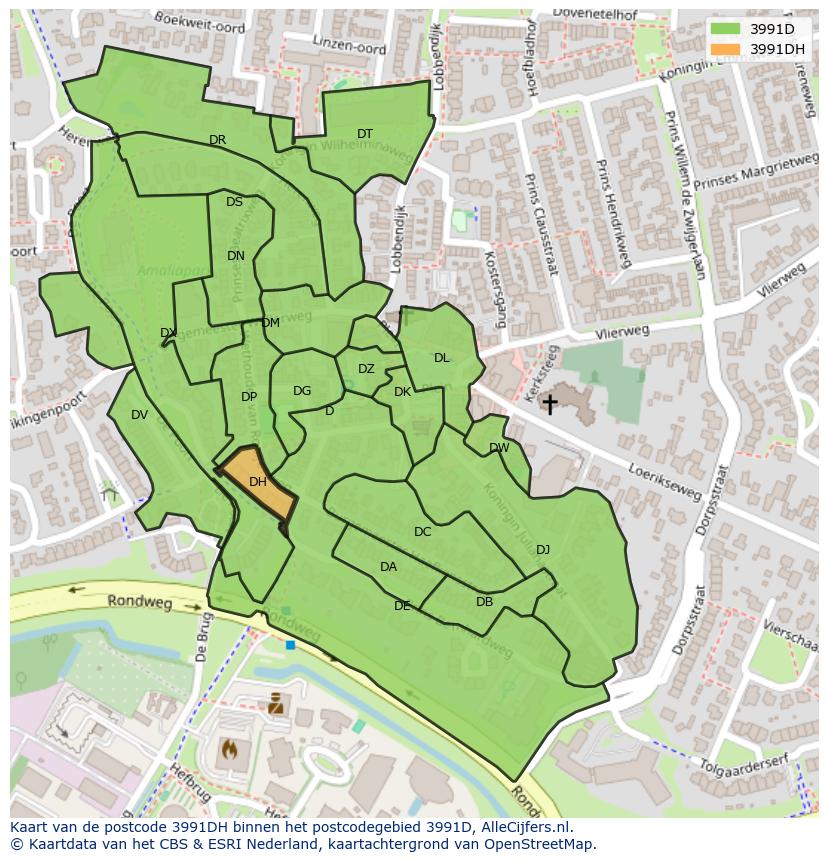 Afbeelding van het postcodegebied 3991 DH op de kaart.