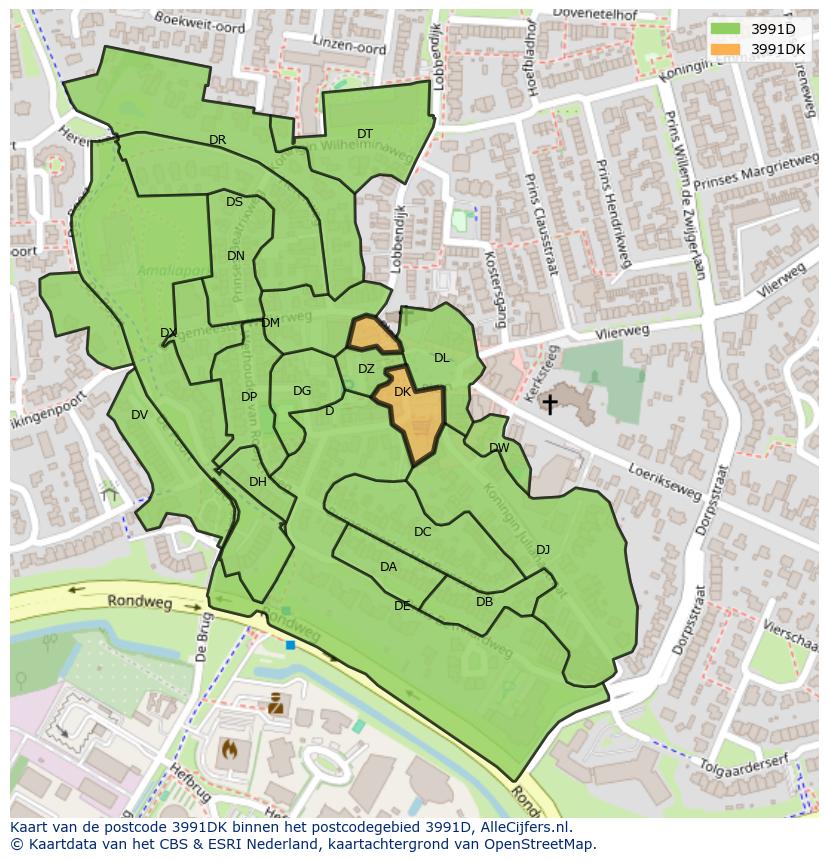 Afbeelding van het postcodegebied 3991 DK op de kaart.