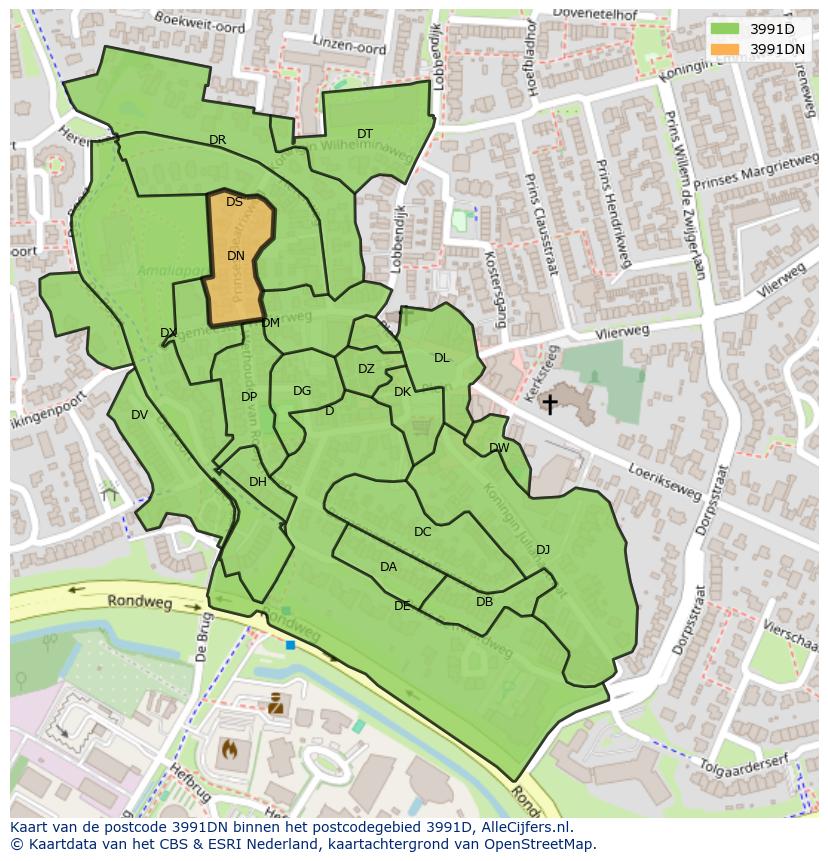 Afbeelding van het postcodegebied 3991 DN op de kaart.