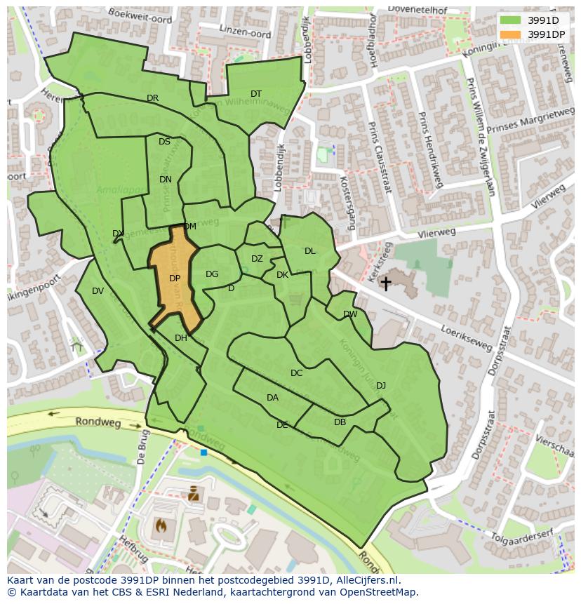 Afbeelding van het postcodegebied 3991 DP op de kaart.