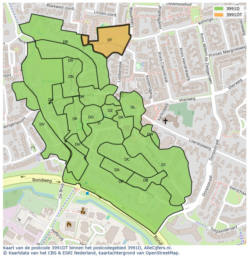 Afbeelding van het postcodegebied 3991 DT op de kaart.