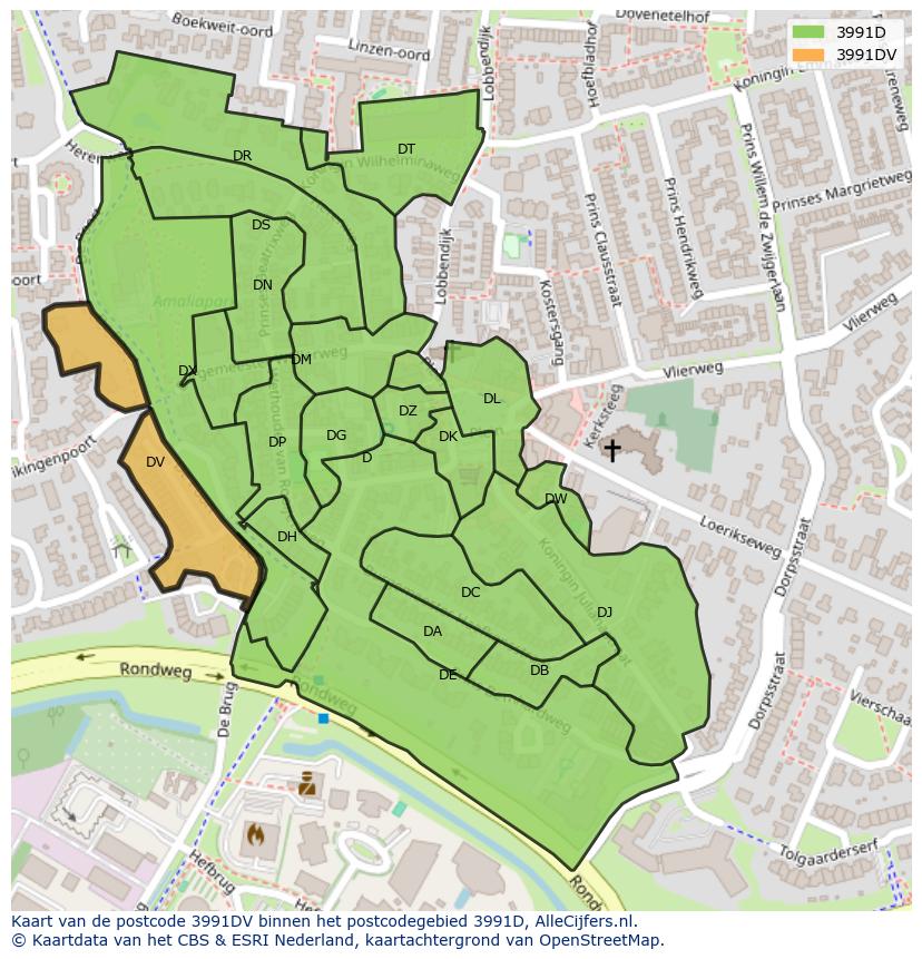 Afbeelding van het postcodegebied 3991 DV op de kaart.