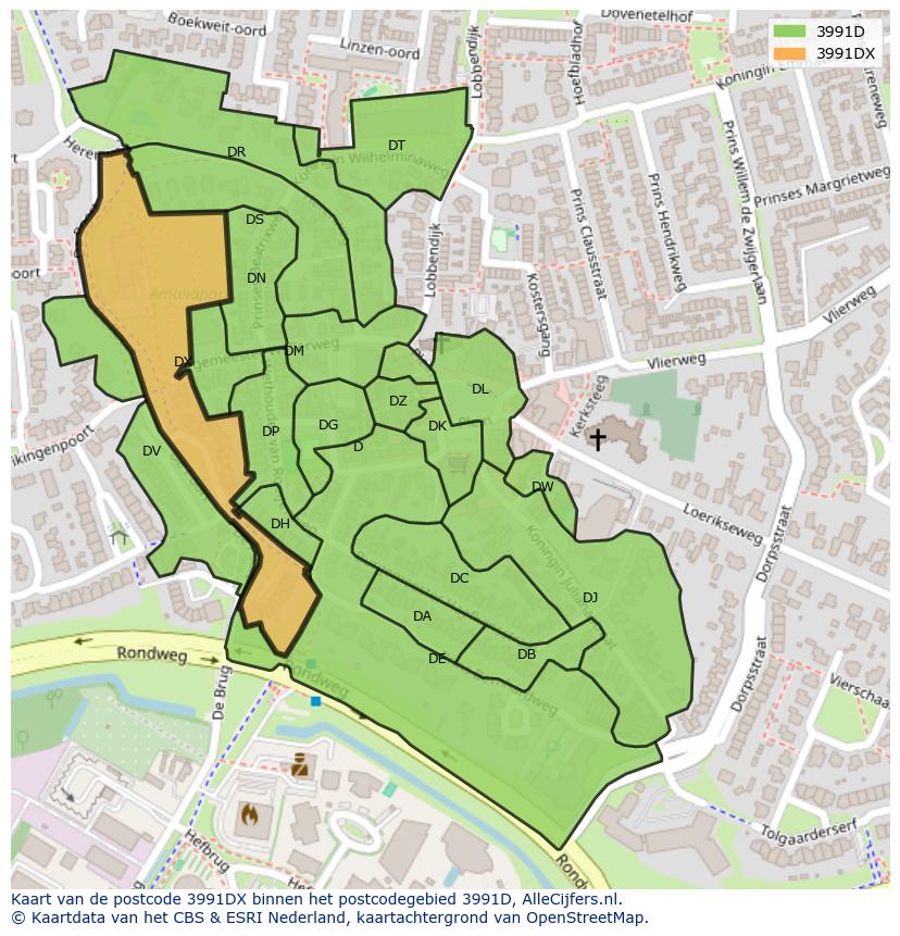 Afbeelding van het postcodegebied 3991 DX op de kaart.