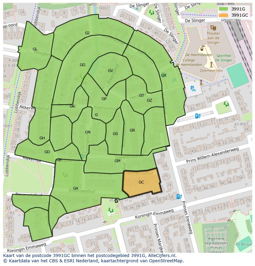 Afbeelding van het postcodegebied 3991 GC op de kaart.