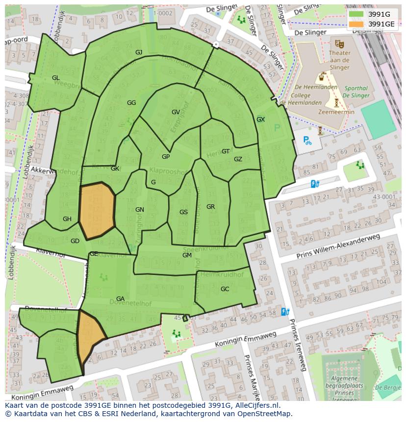 Afbeelding van het postcodegebied 3991 GE op de kaart.