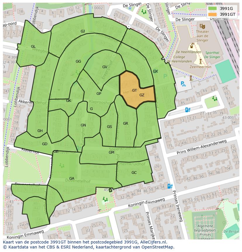 Afbeelding van het postcodegebied 3991 GT op de kaart.