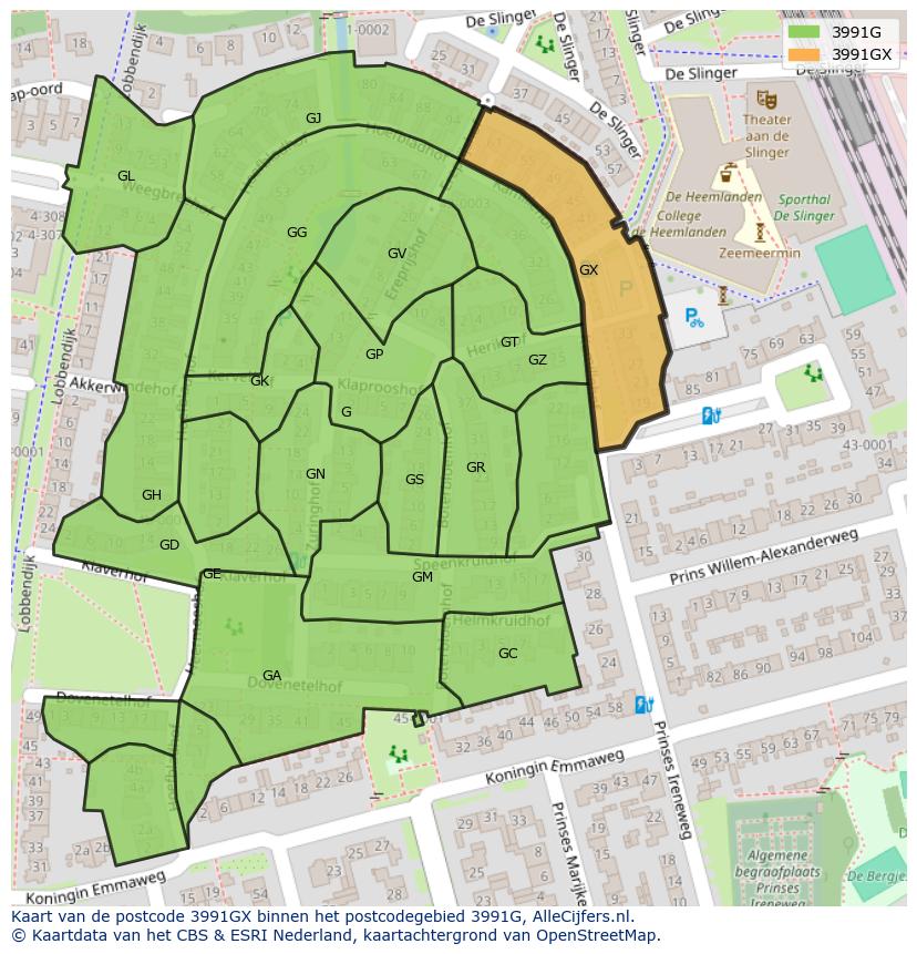 Afbeelding van het postcodegebied 3991 GX op de kaart.