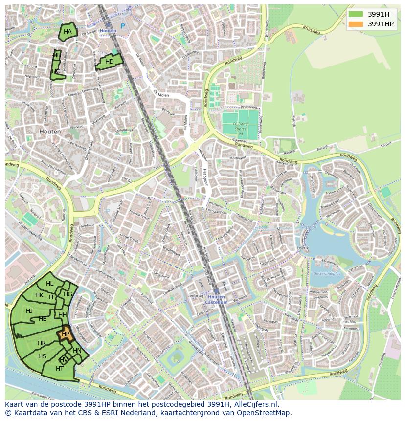 Afbeelding van het postcodegebied 3991 HP op de kaart.