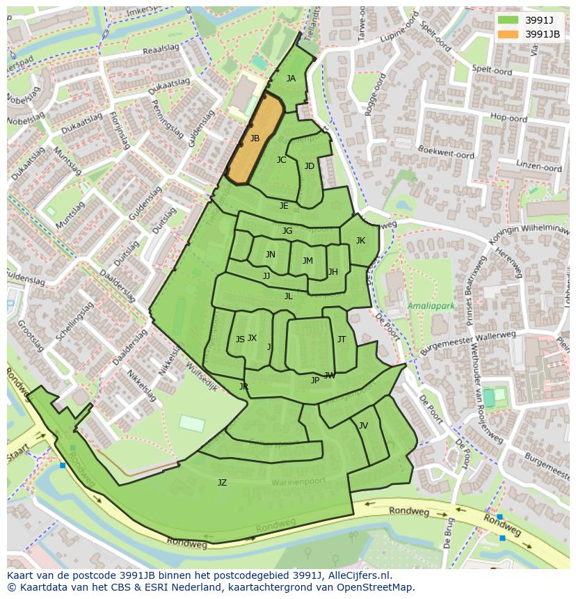 Afbeelding van het postcodegebied 3991 JB op de kaart.