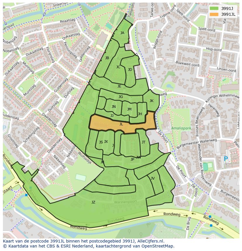 Afbeelding van het postcodegebied 3991 JL op de kaart.