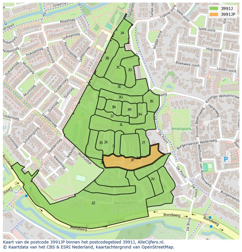 Afbeelding van het postcodegebied 3991 JP op de kaart.