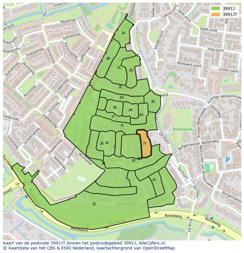 Afbeelding van het postcodegebied 3991 JT op de kaart.
